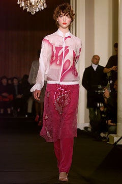 pink silk shirt and skirt