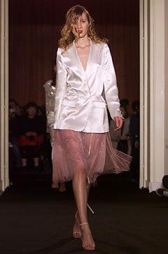 white silk long-sleeve collared fitted buttoned shiny blazer