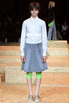 white striped shirt gray skirt