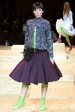 blue printed jacket with purple flared skirt