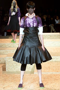 black leather flared dress with purple top