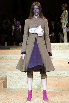 brown wool coat with purple dress