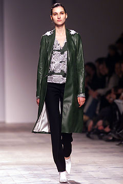 green leather coat with printed top
