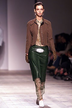 brown leather jacket with green skirt