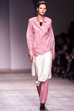 pink cotton shirt with white silk pants