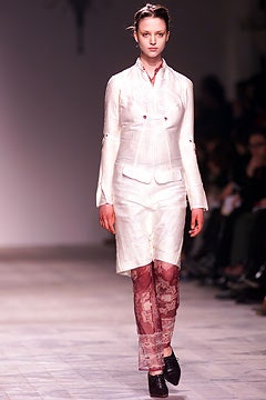 white silk long-sleeve dress with red lace pants