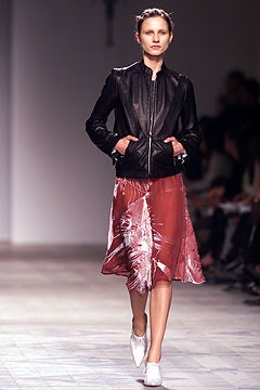 black leather jacket and pink skirt