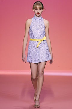 purple embroidered mini dress with yellow belt