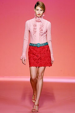pink lace blouse and red pencil skirt
