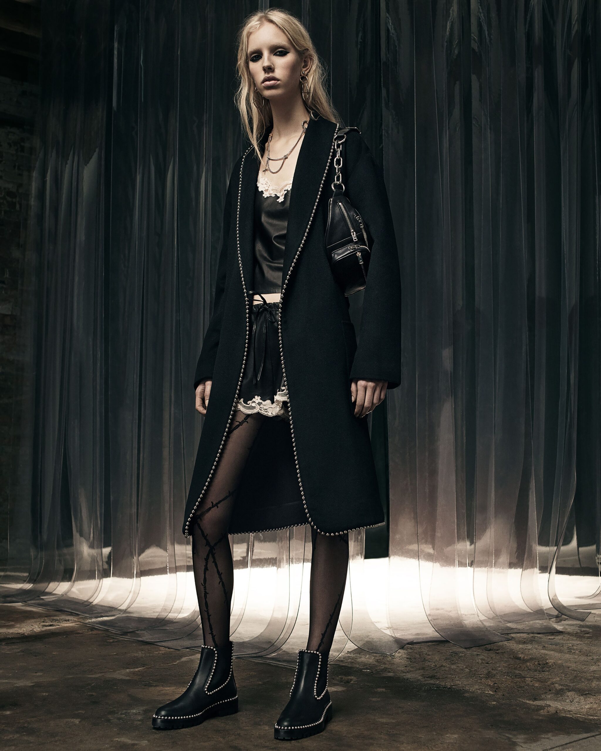 black wool coat with silk top