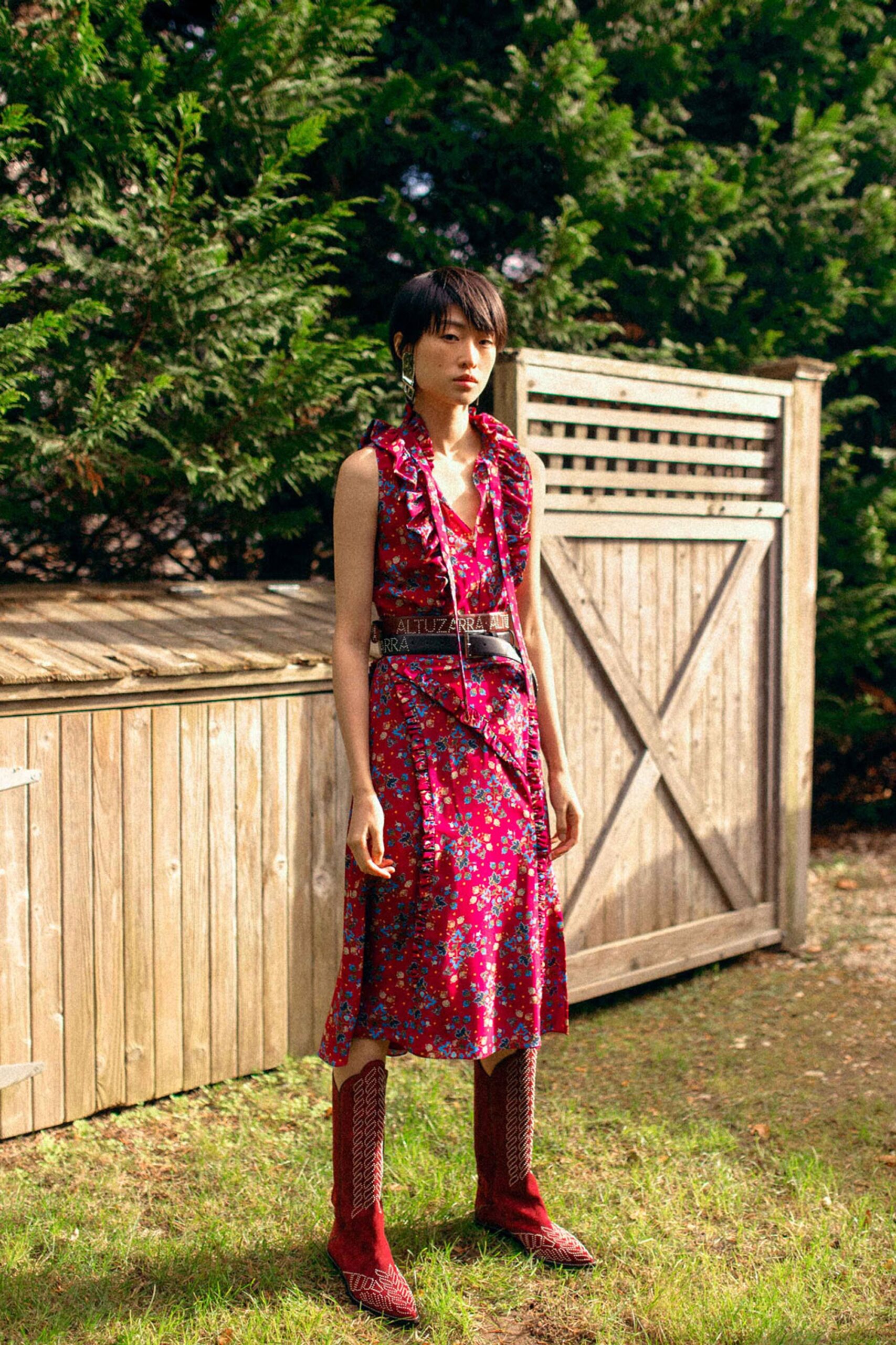 floral midi dress with red boots
