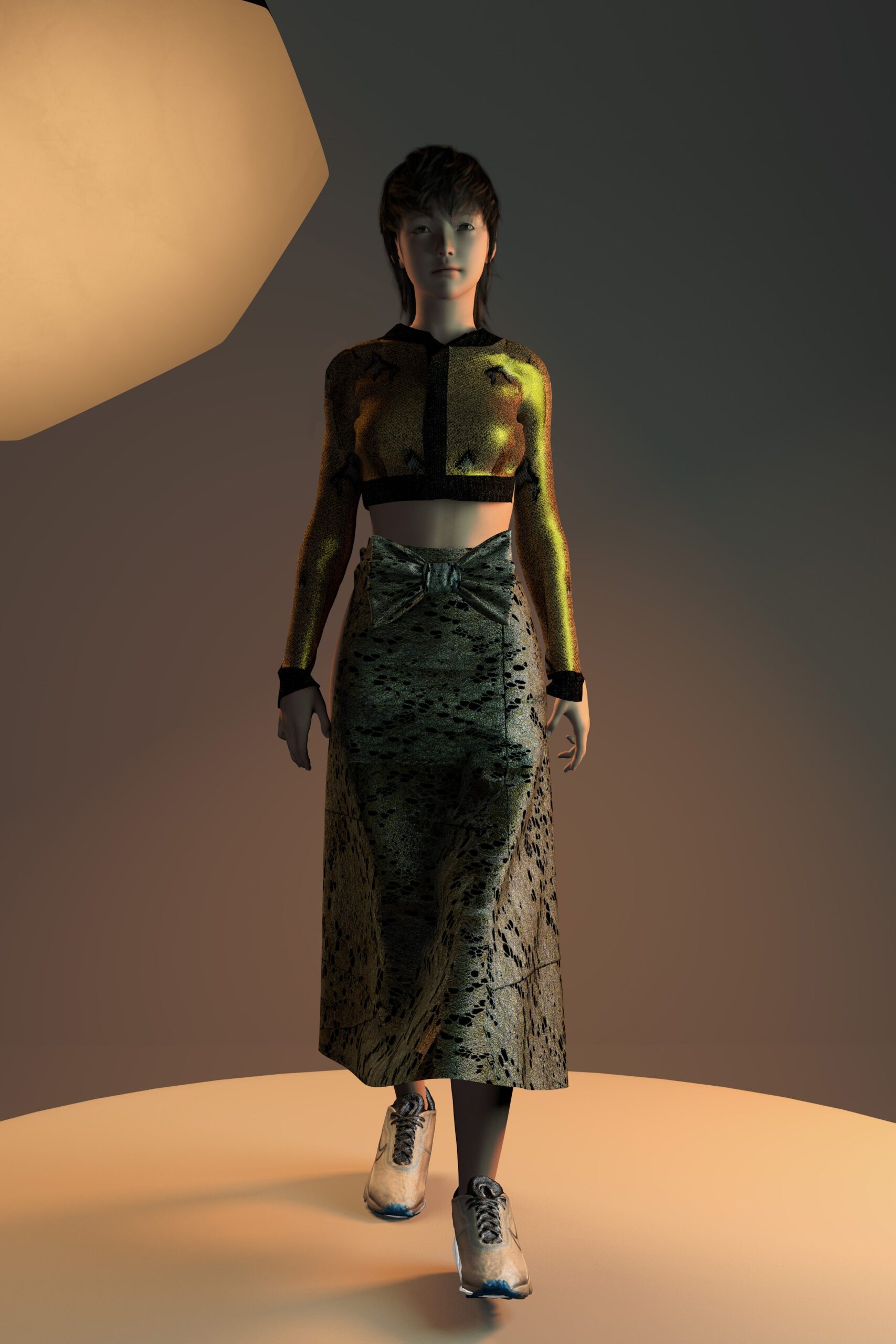 gold silk long-sleeve collared fitted zippered shiny top
