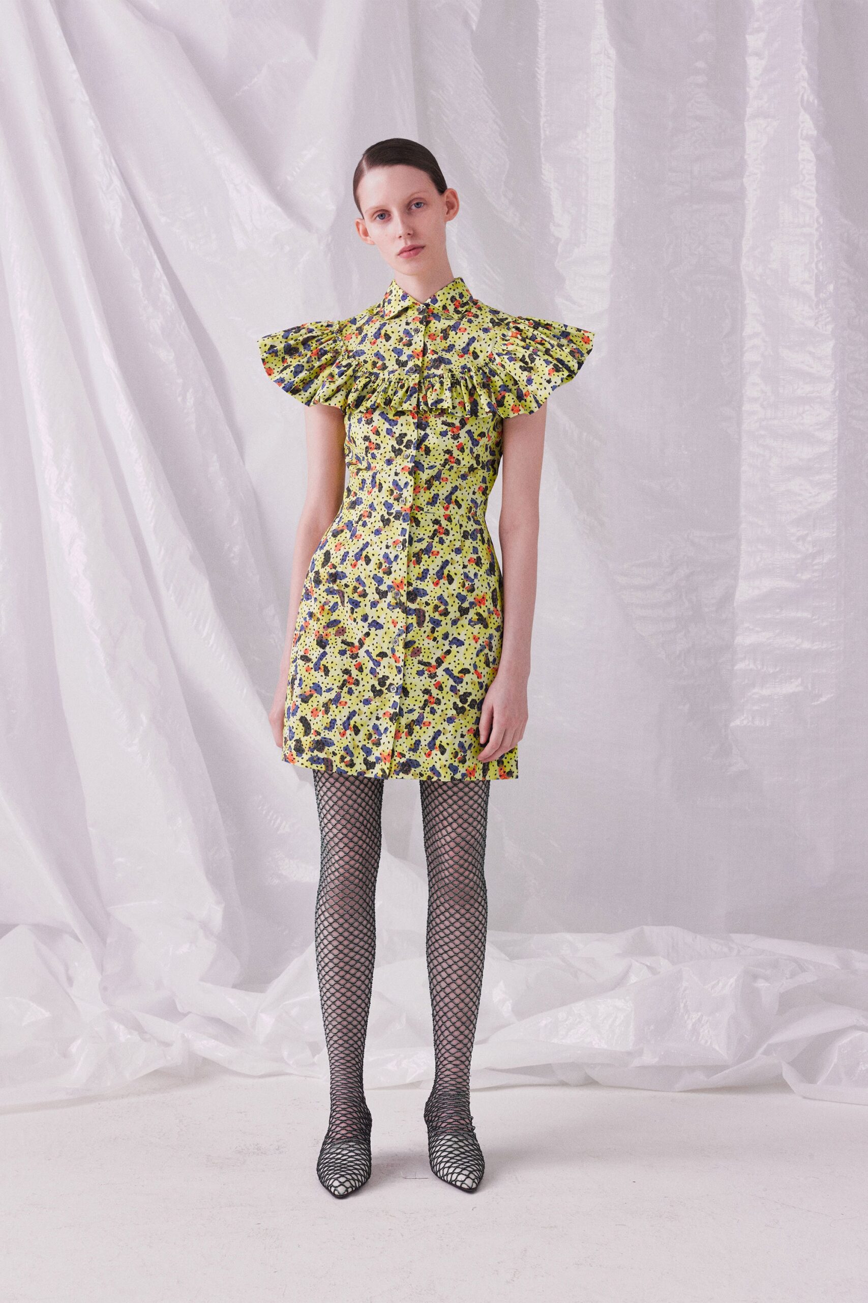 yellow short-sleeve collared fitted ruffled printed mini dress