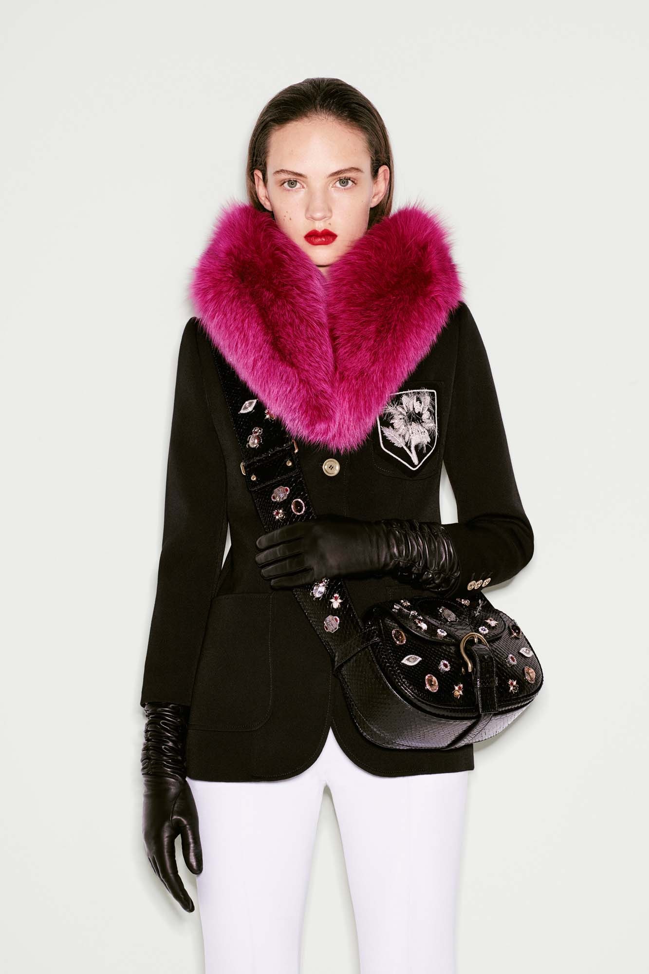 black tailored blazer with pink fur scarf