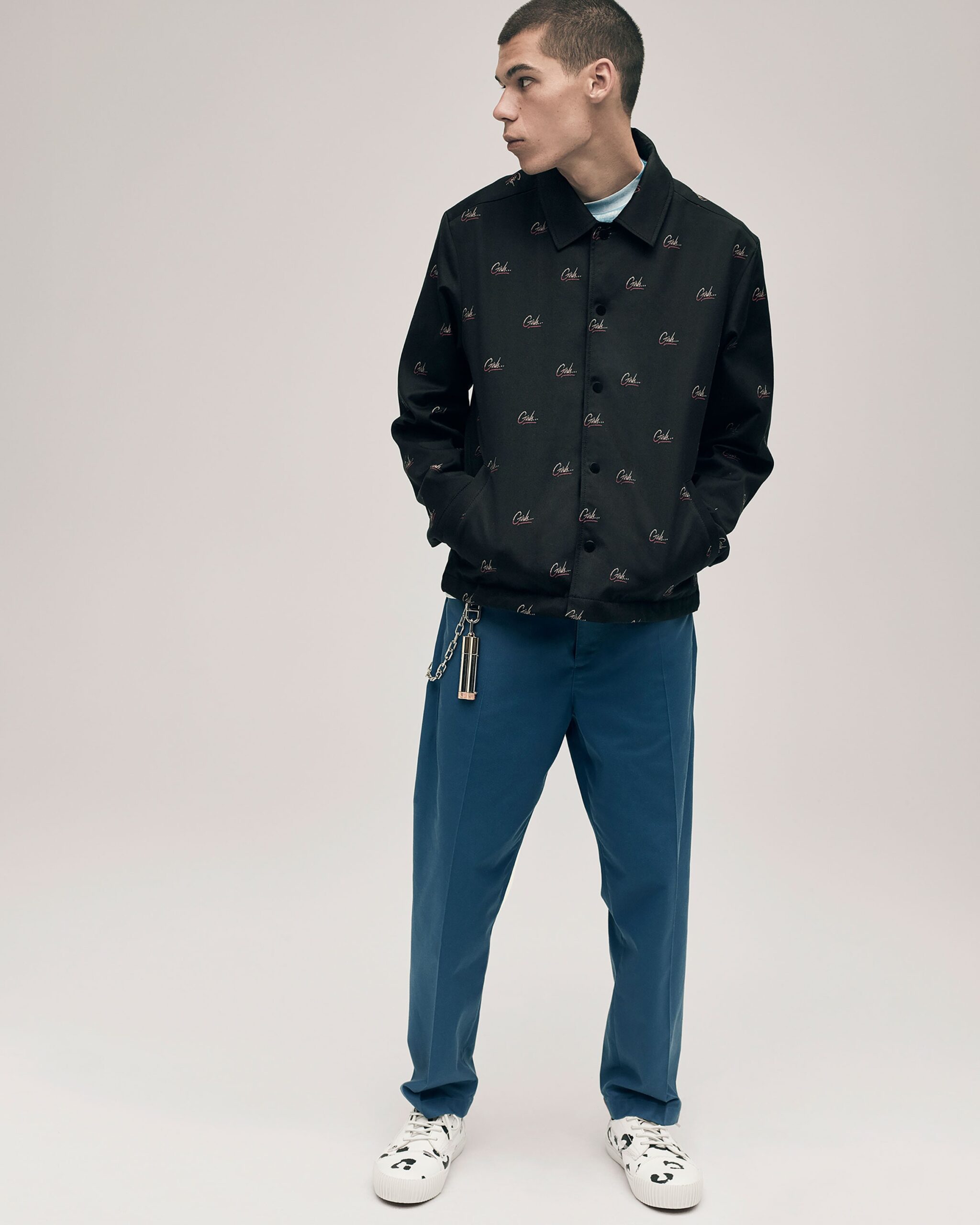 black printed jacket blue pants