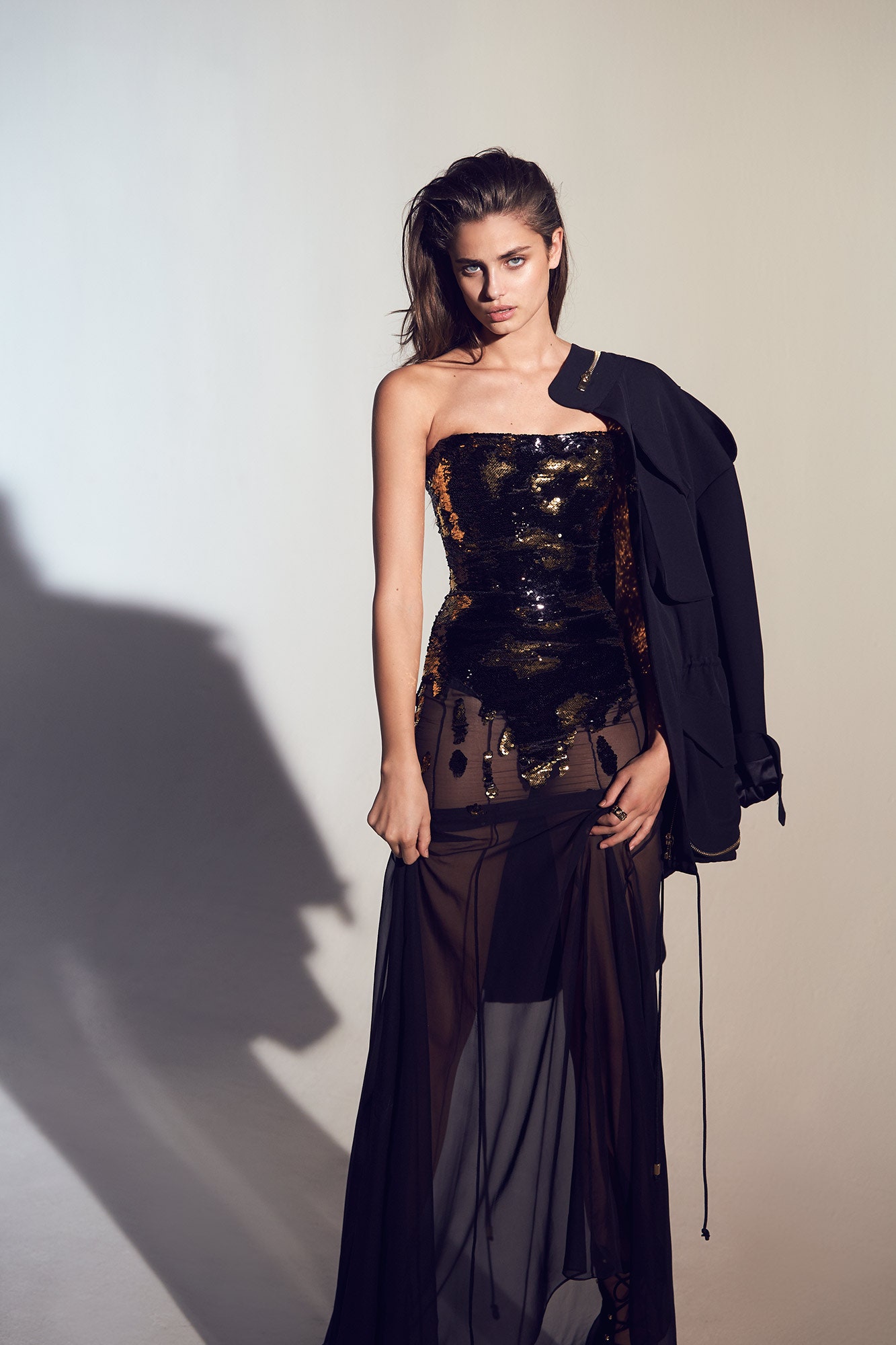 black and gold sequin gown with jacket