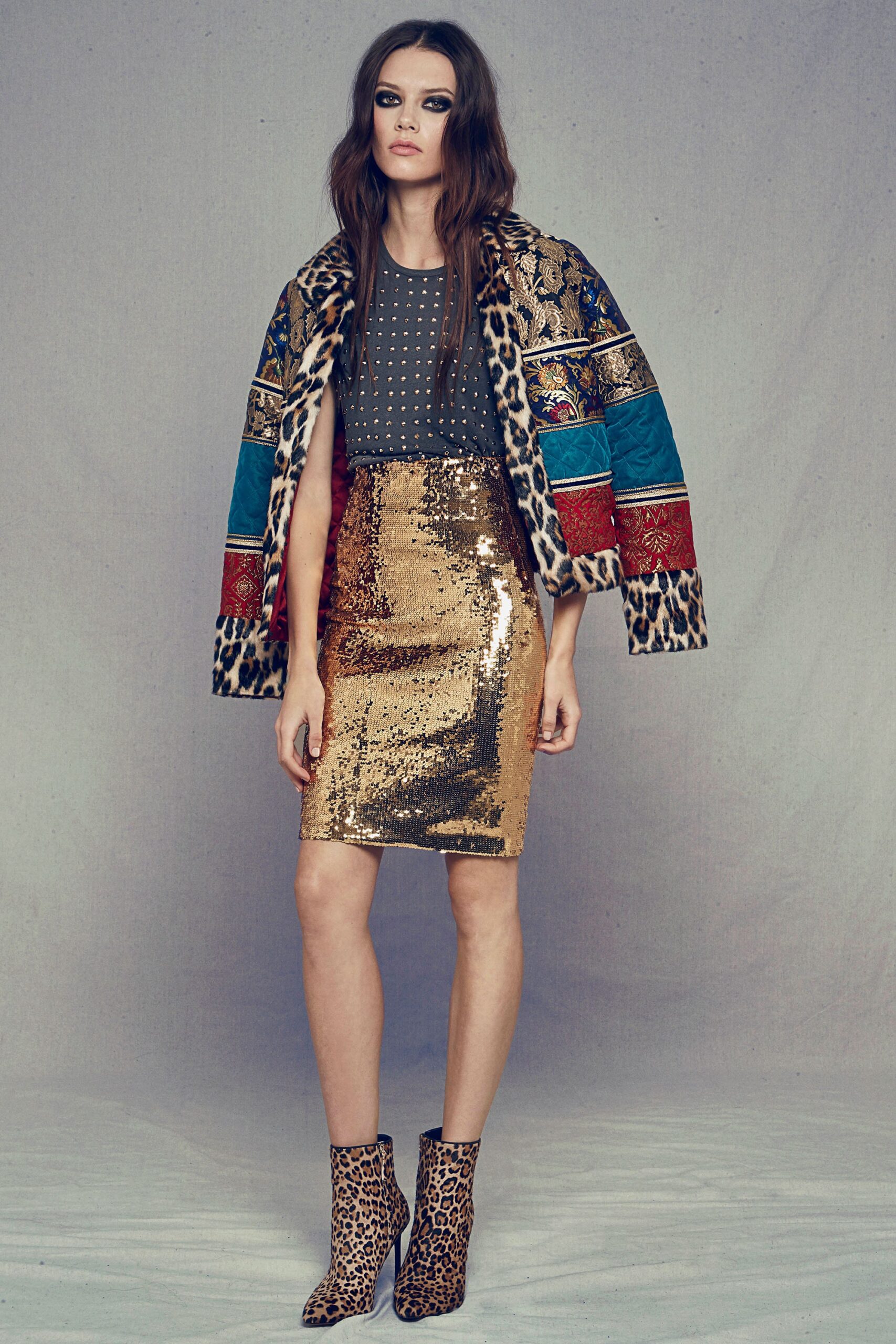 multi-colored faux-fur coat with sequined skirt