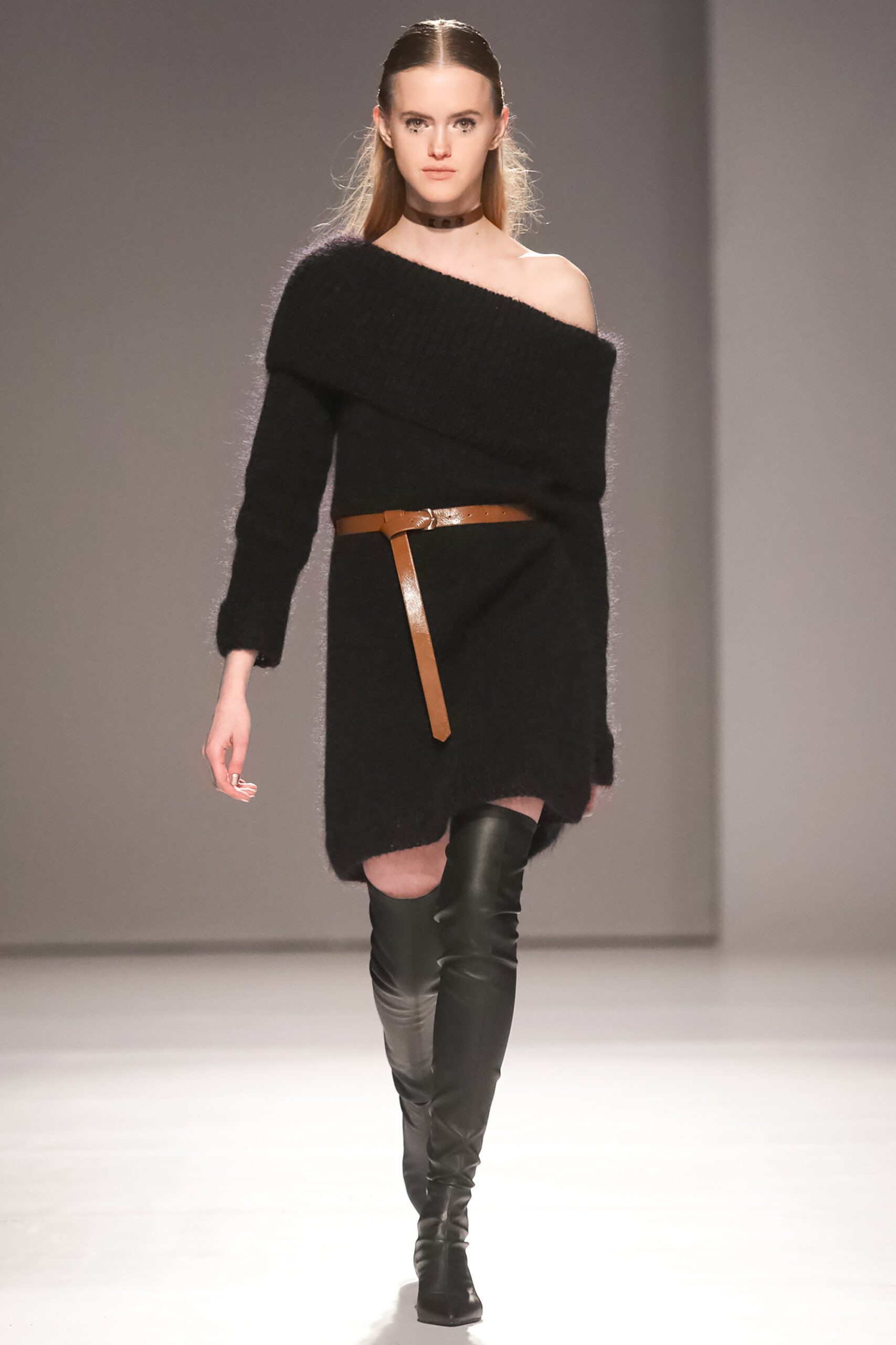 black wool off-shoulder asymmetric fitted belted mini dress