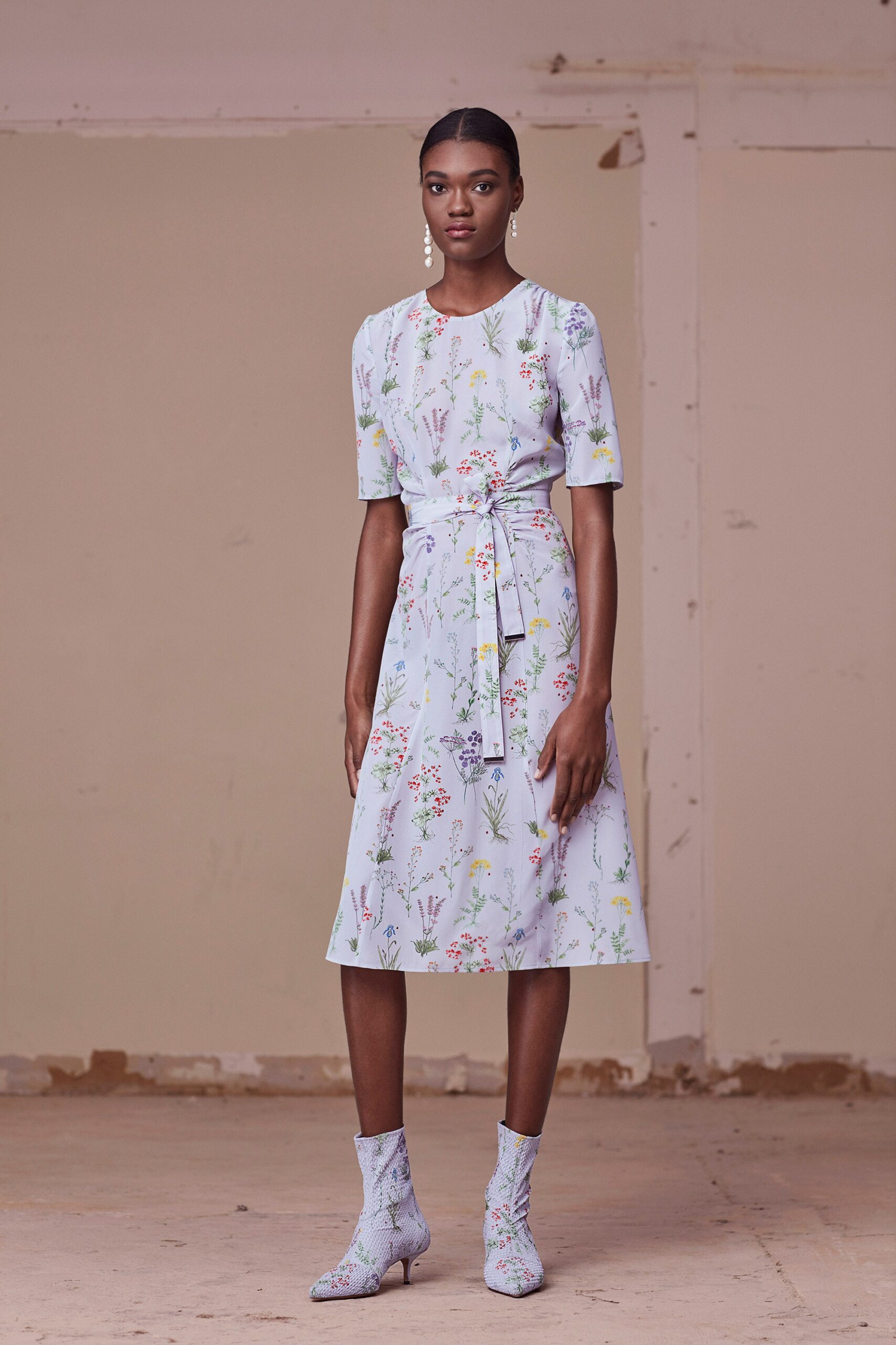 light blue floral midi dress with boots