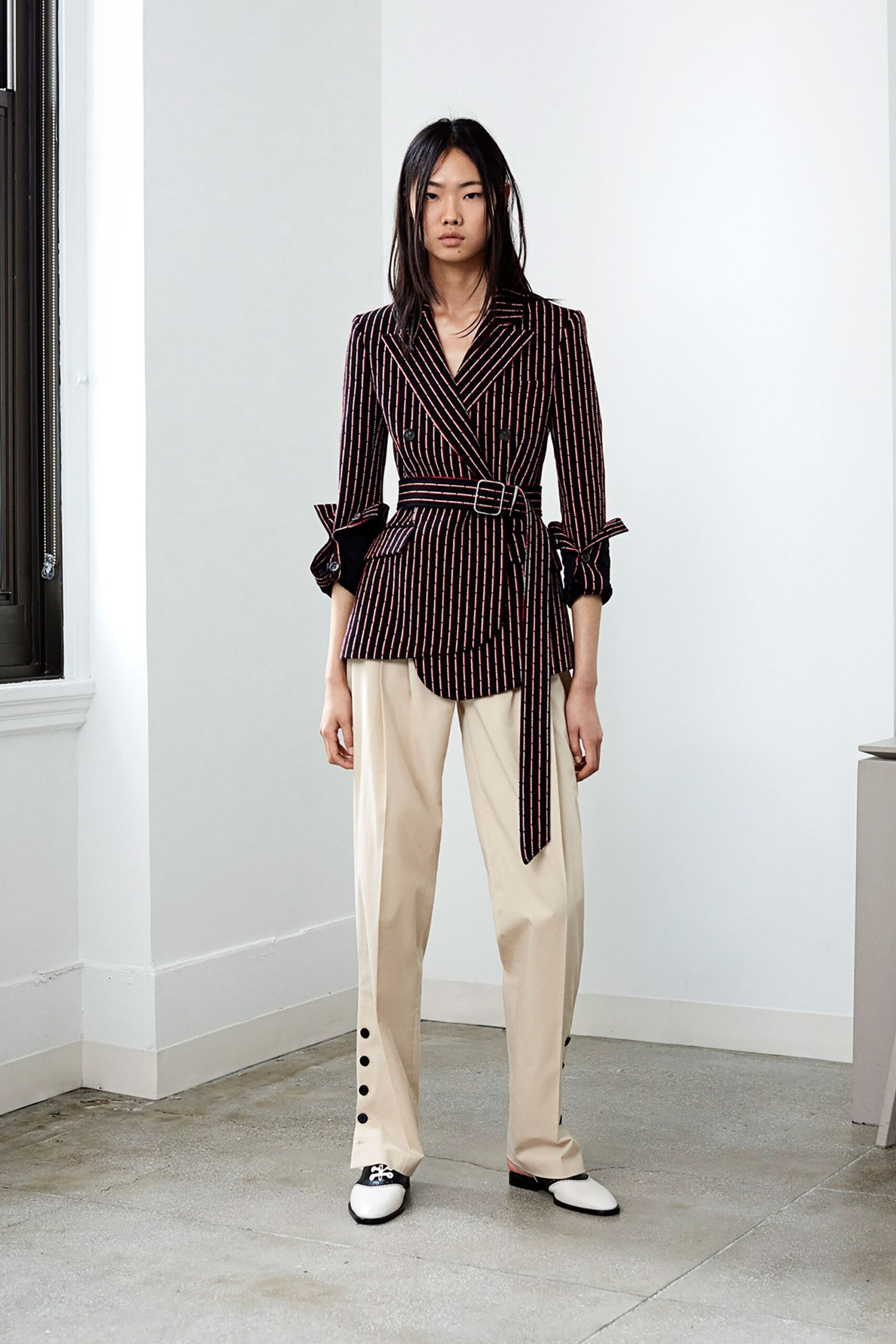 striped blazer with relaxed pants