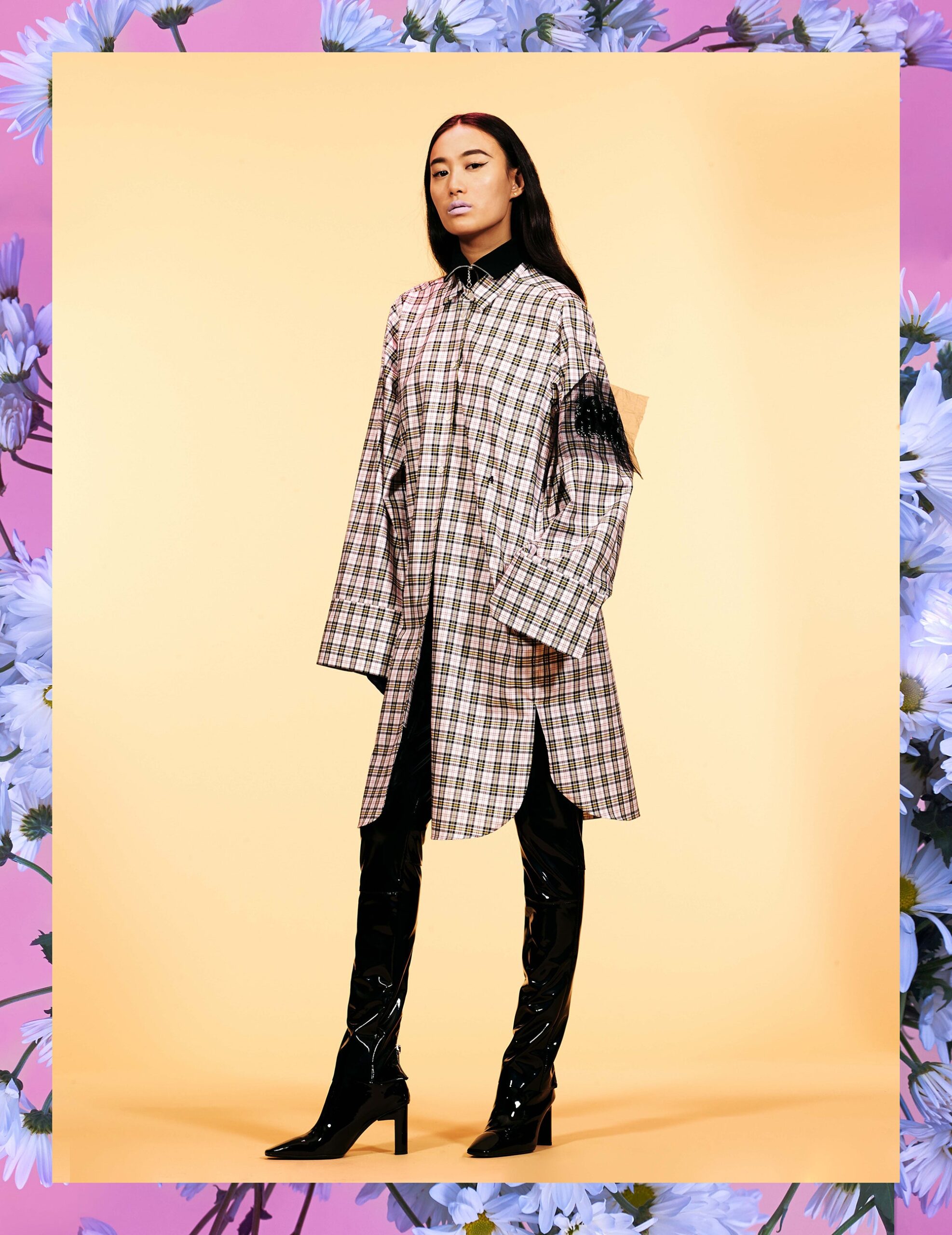 checked shirt with vinyl boots