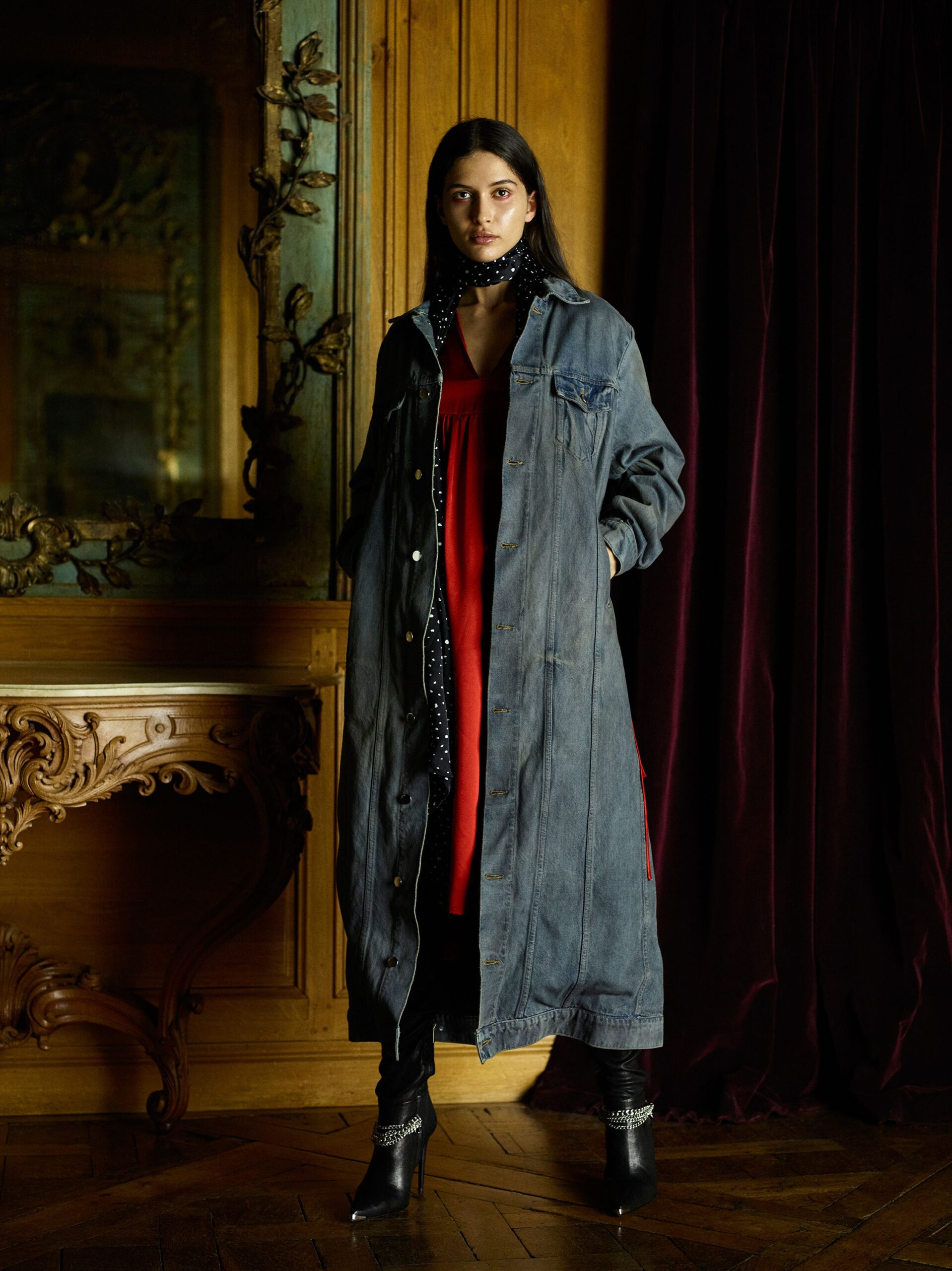 blue denim long-sleeve collared relaxed buttoned maxi coat
