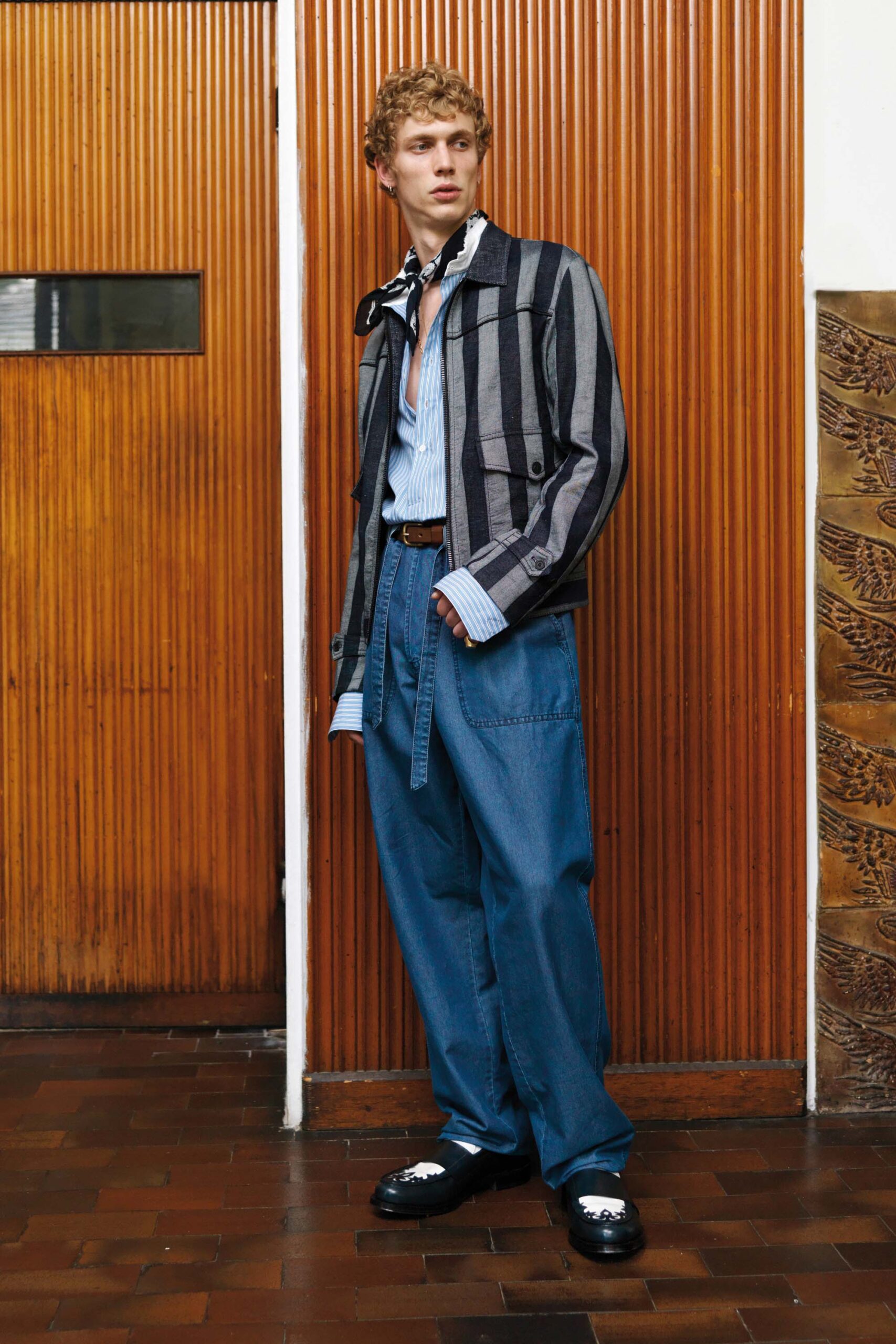 relaxed striped jacket with denim pants