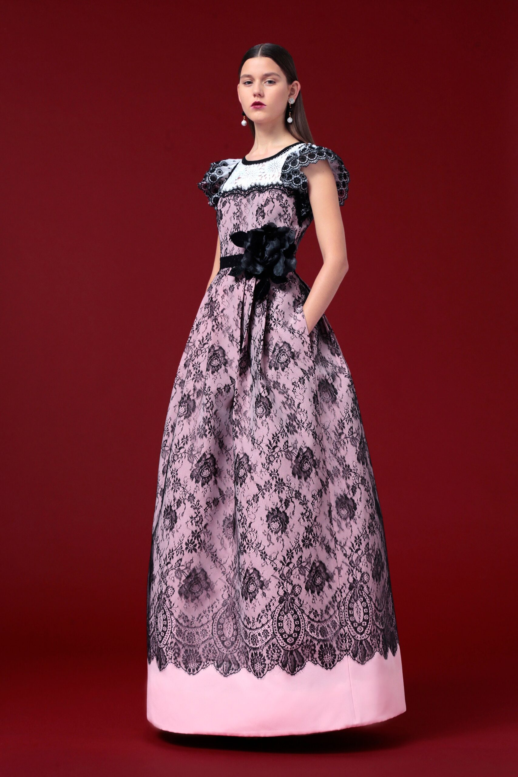 pink and black embroidered gown