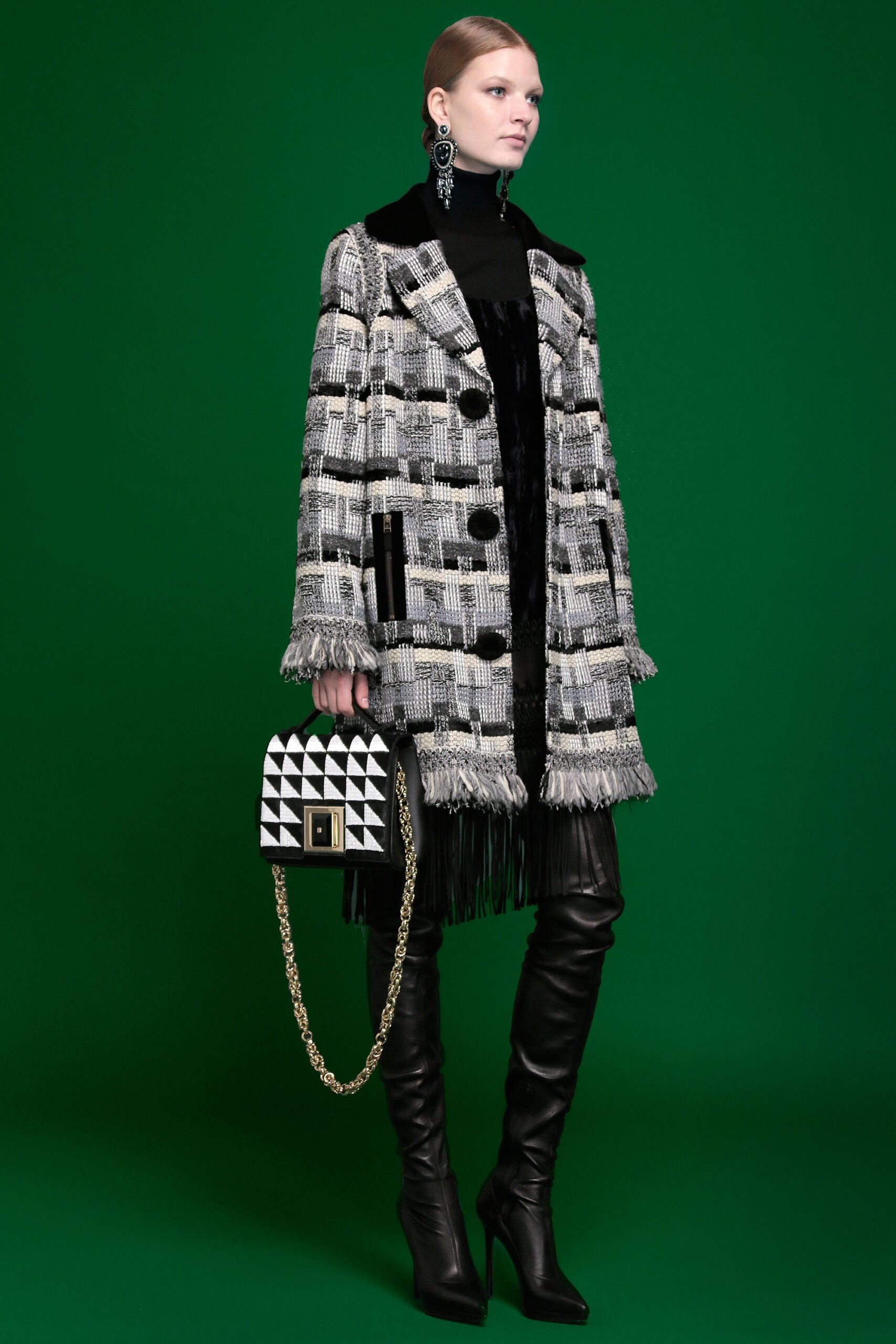 black and white checked coat
