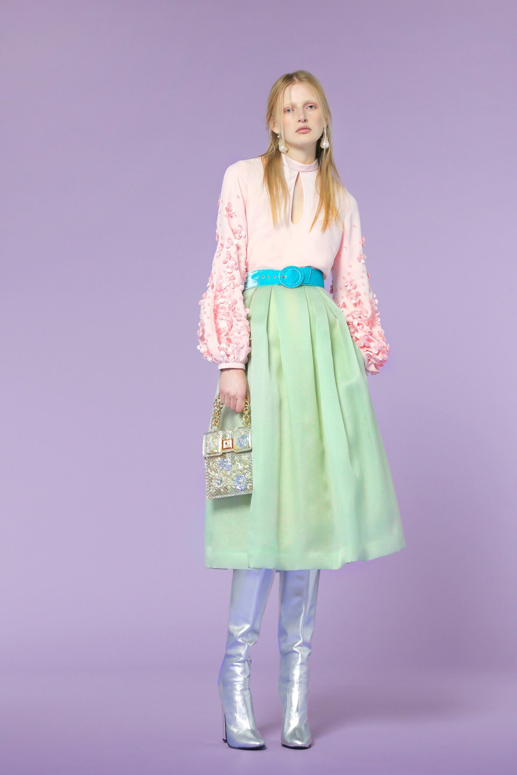 pink silk long-sleeve high-neck fitted embroidered blouse