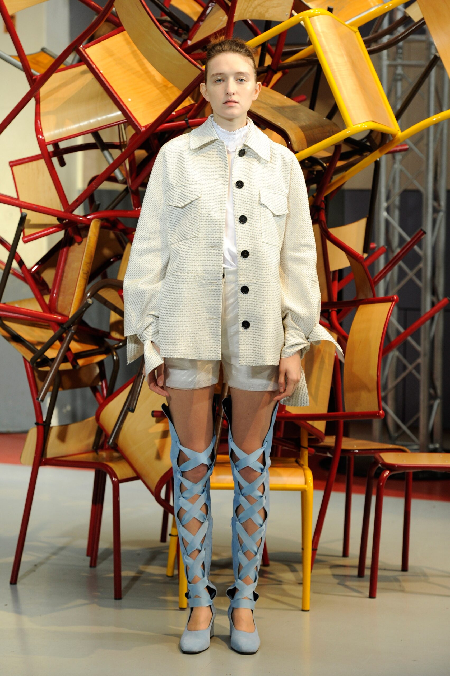 white relaxed jacket with silver shorts