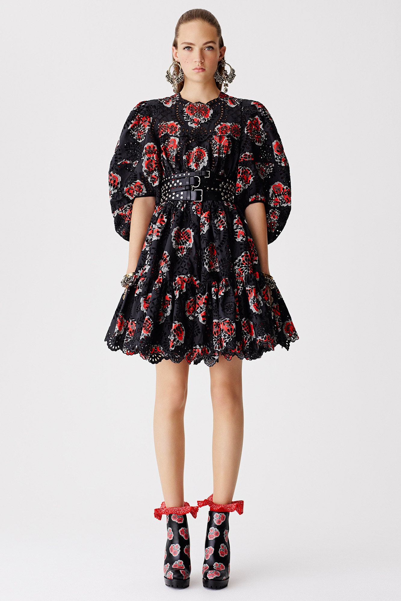 black and red embroidered mini dress