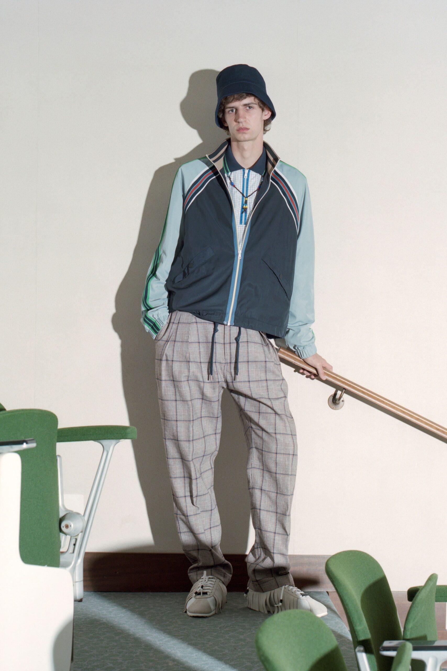 blue relaxed jacket with checked pants