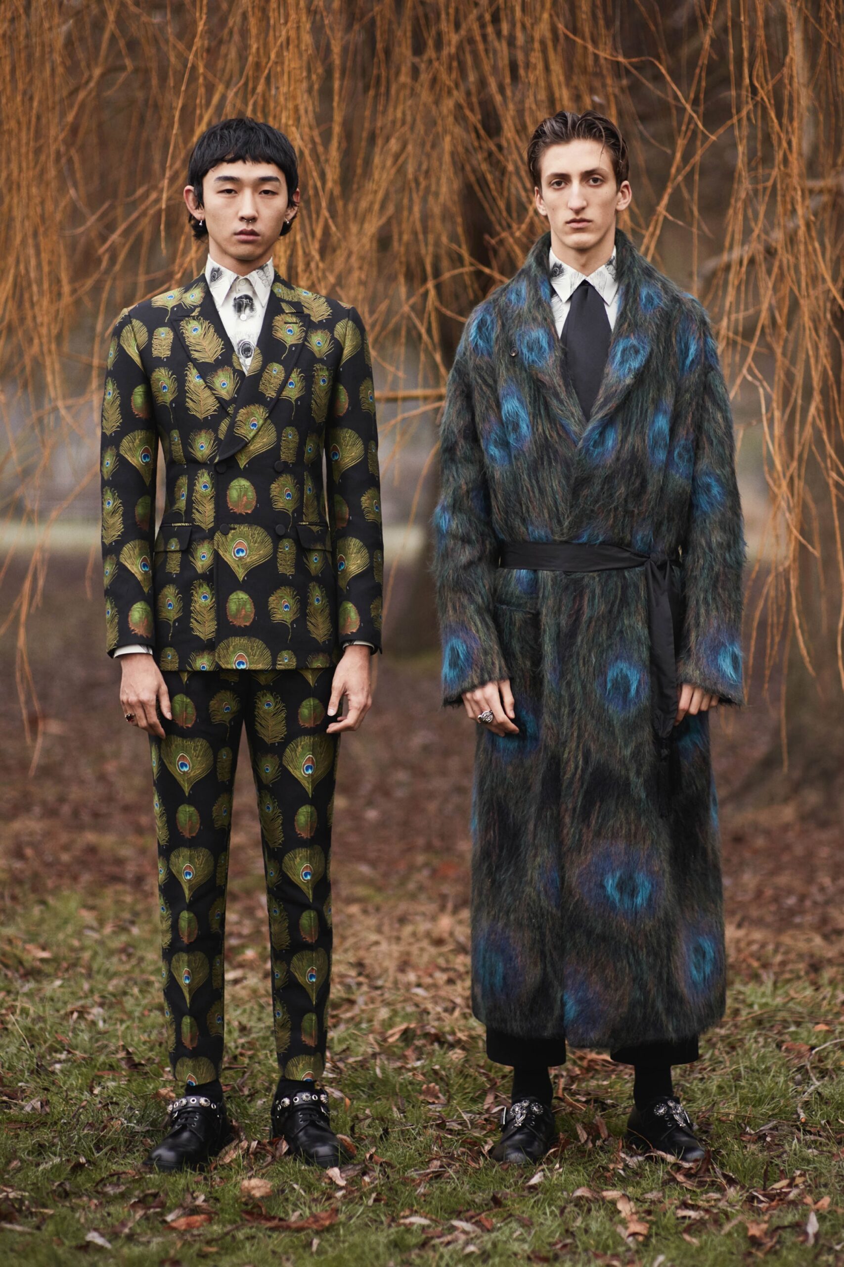 blue fur long-sleeve collared relaxed draped textured coat