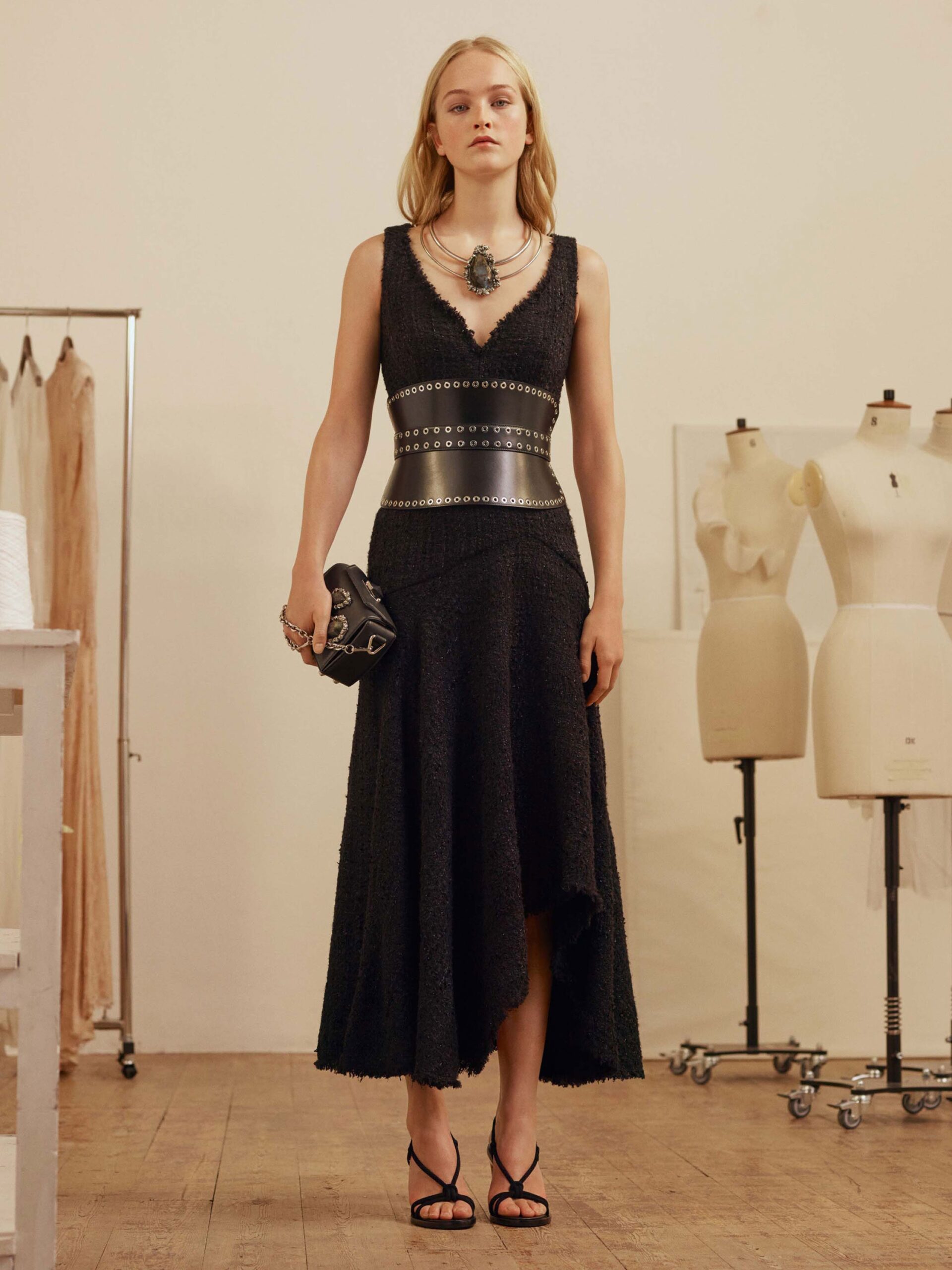 black cotton sleeveless v-neck fitted tiered midi dress