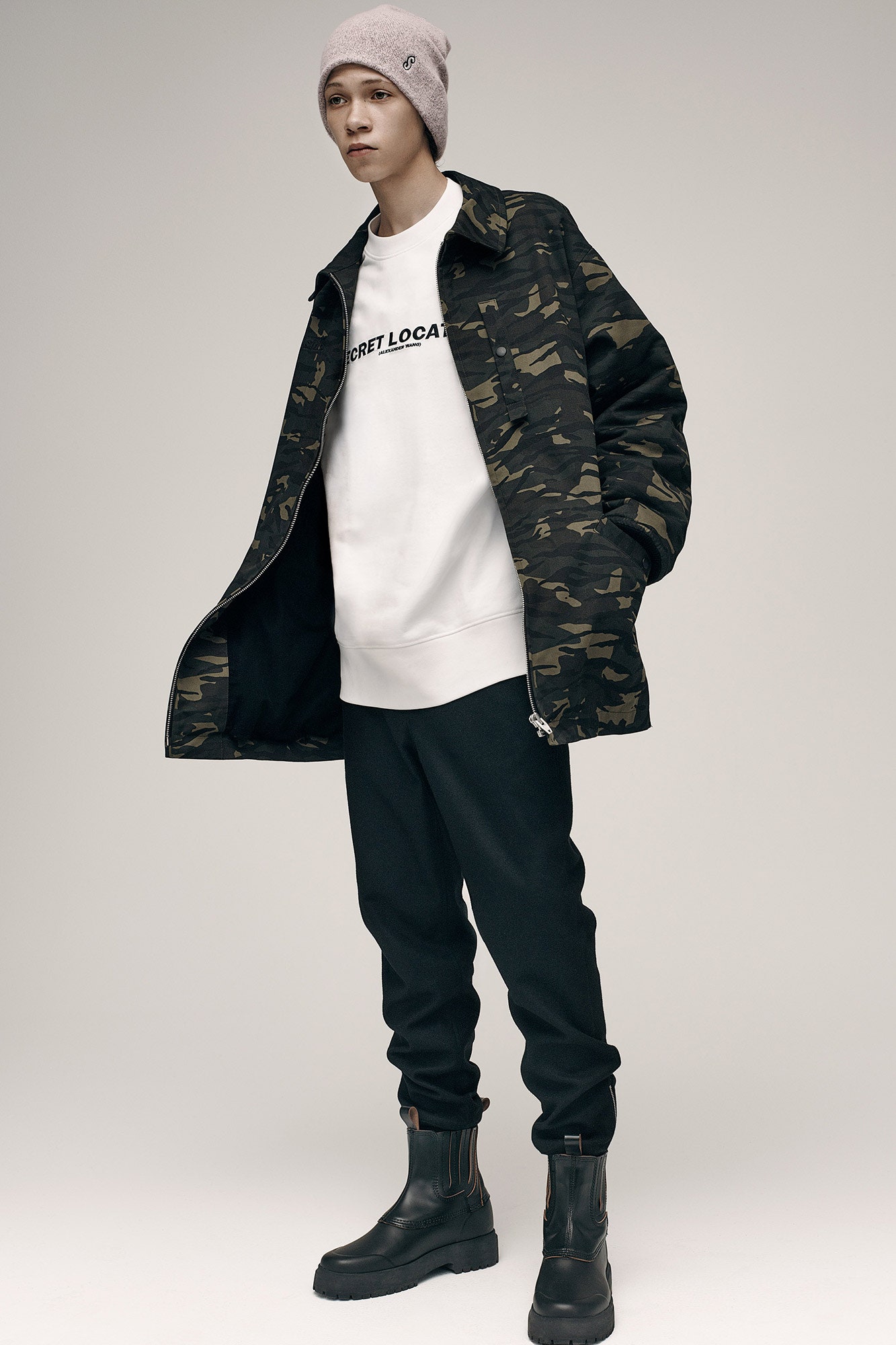 camouflage jacket with white sweater
