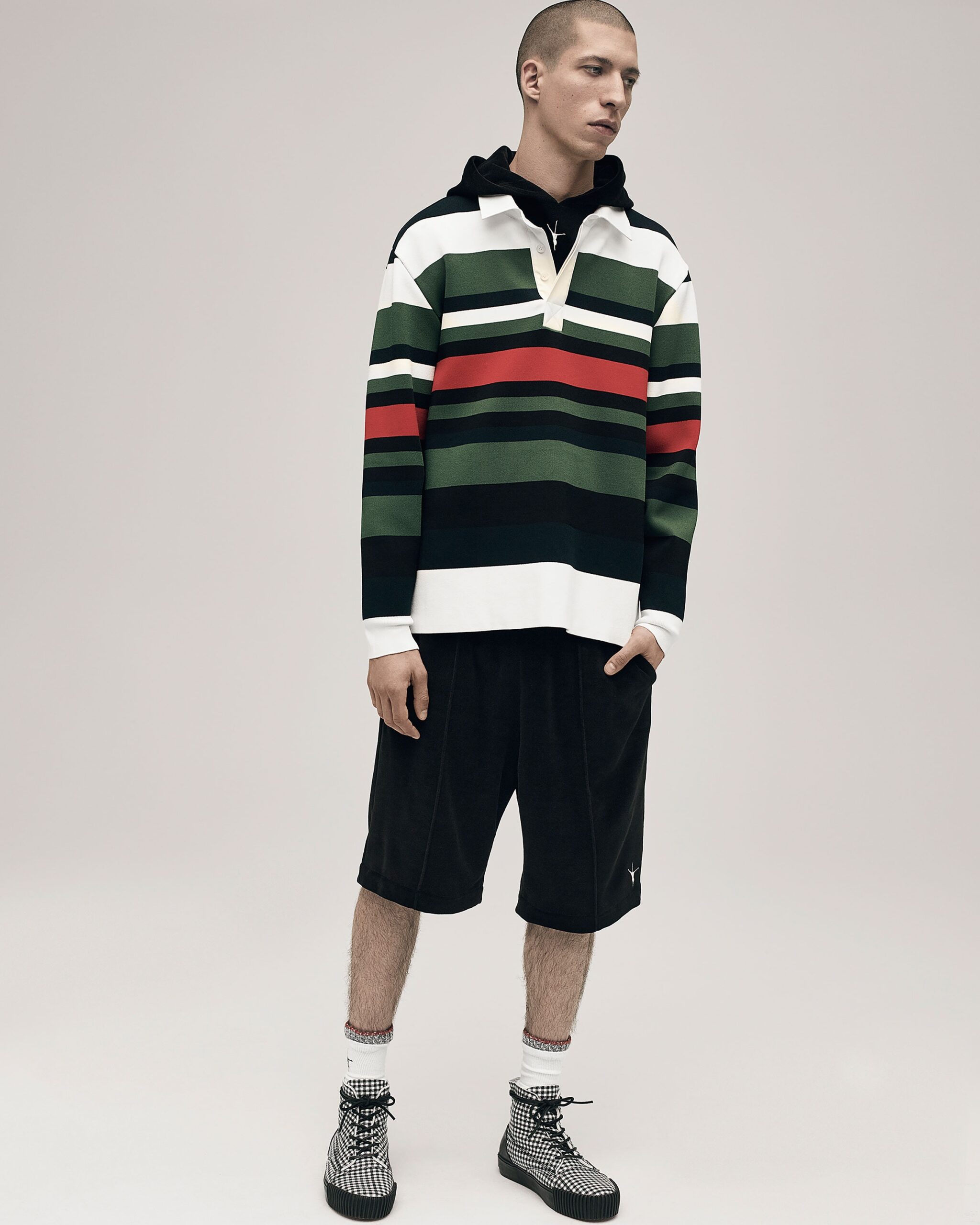 relaxed striped shirt and black shorts