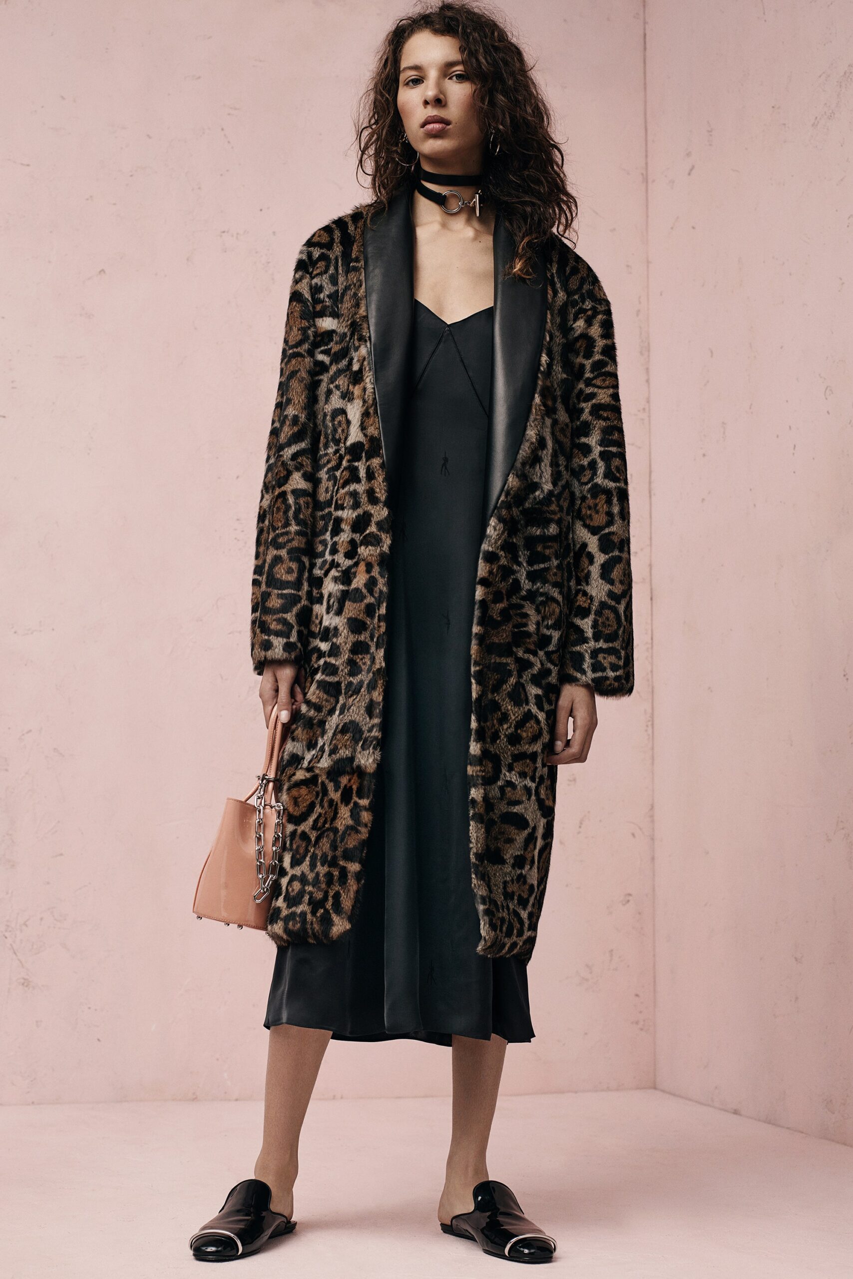 brown faux-fur coat black silk dress