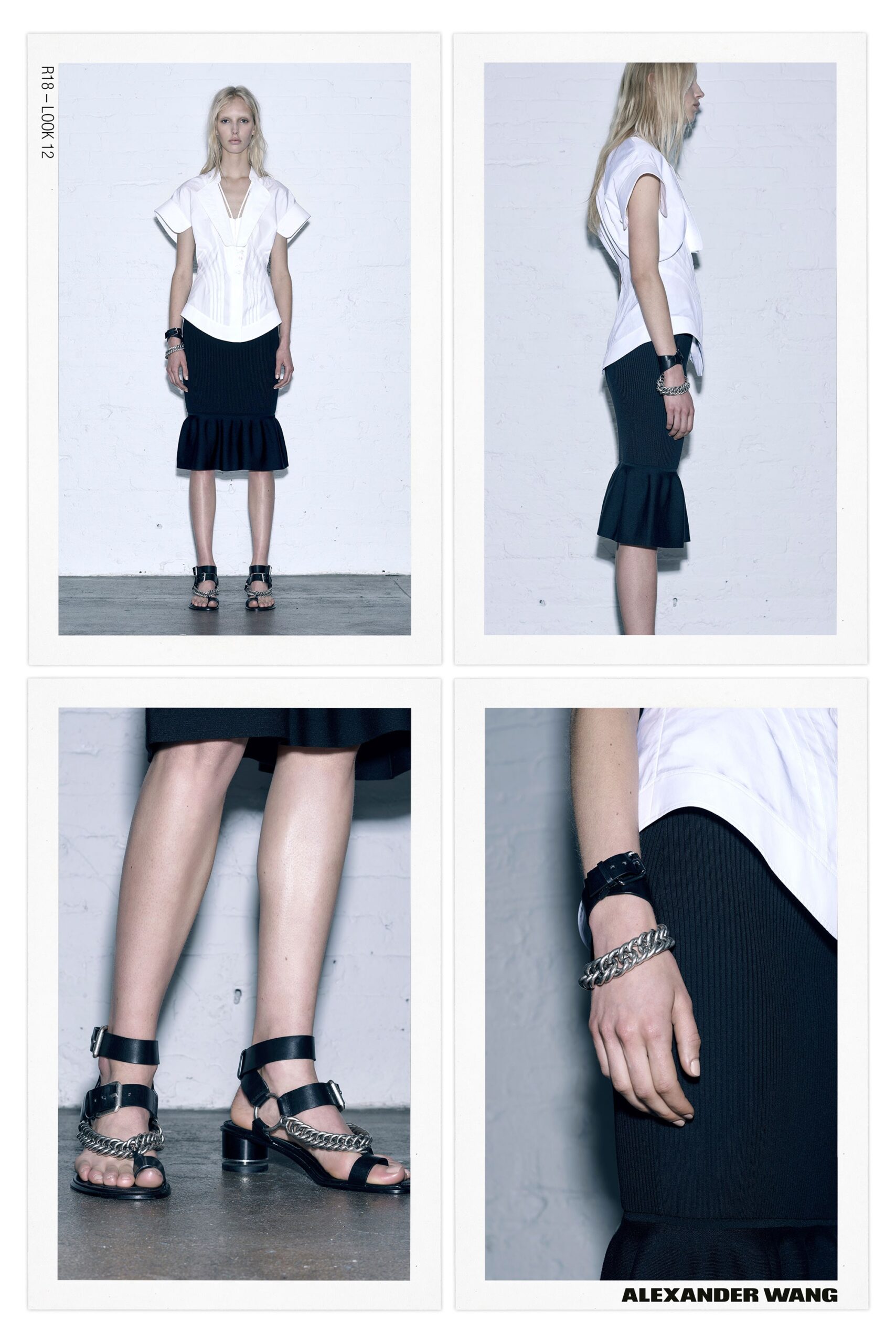 white fitted blouse black midi skirt