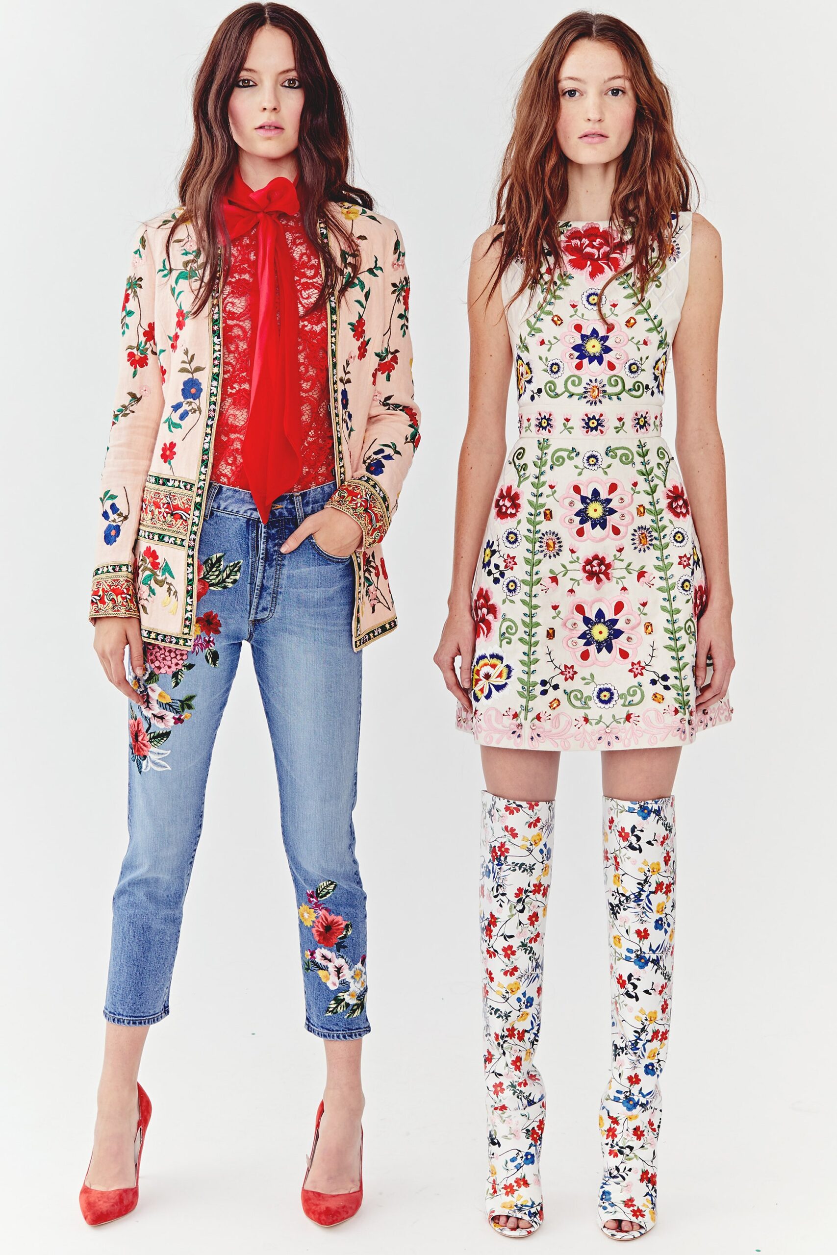 red blouse pink embroidered jacket