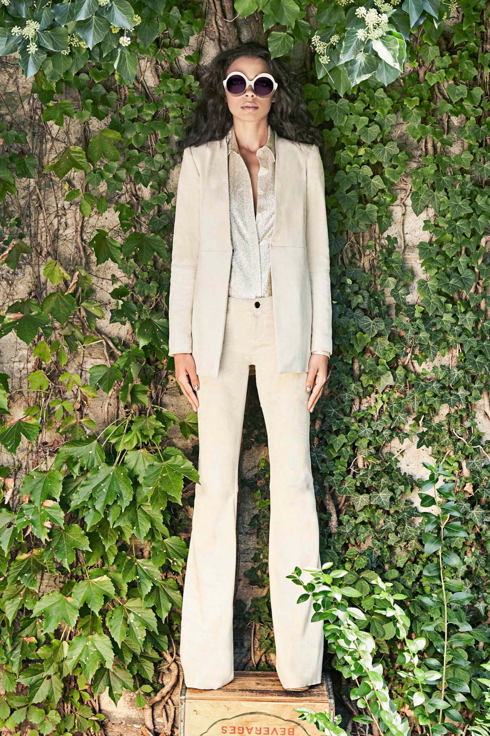 beige tailored blazer with flared pants