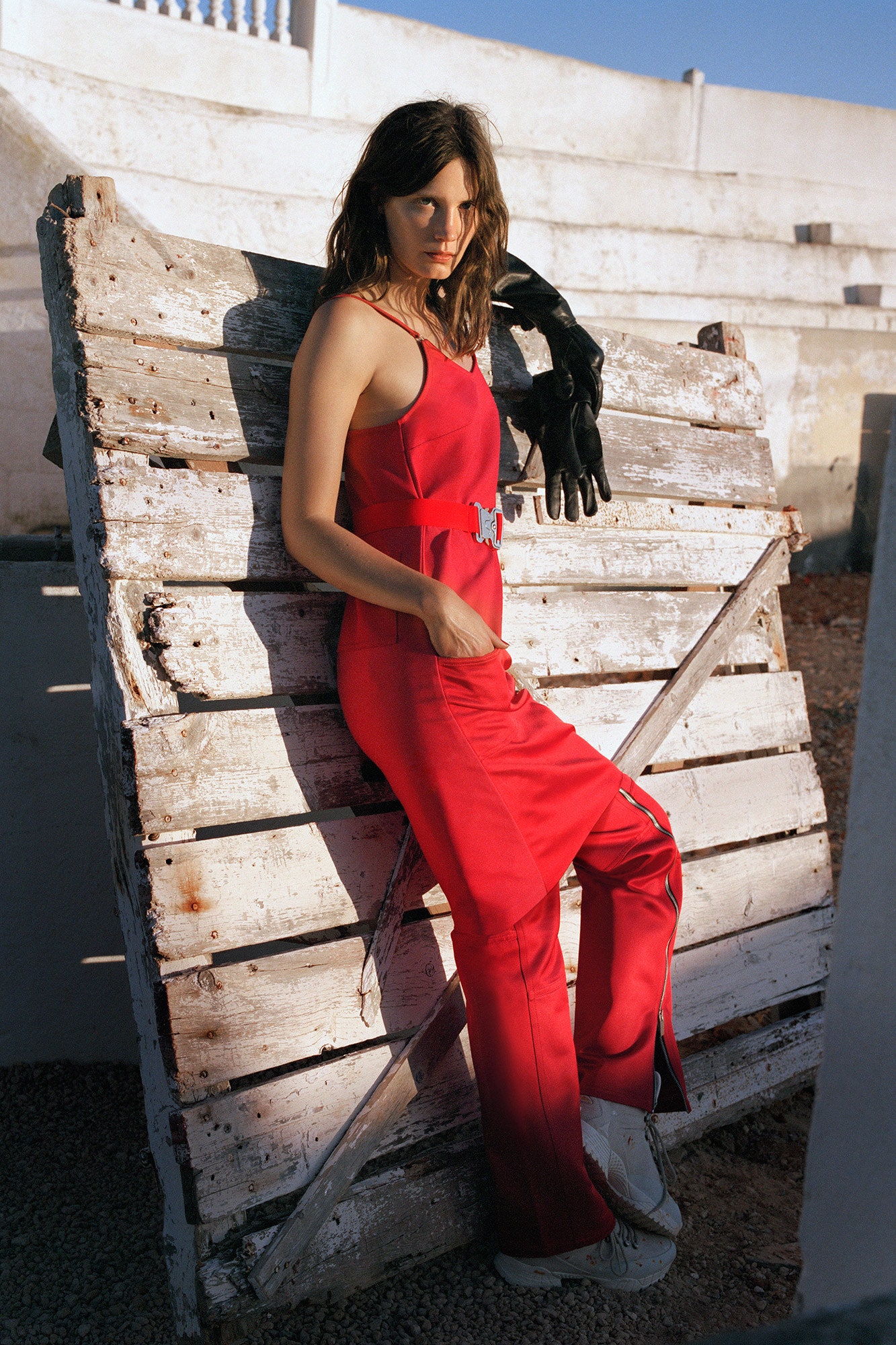 red cotton sleeveless v-neck fitted zippered pockets jumpsuit