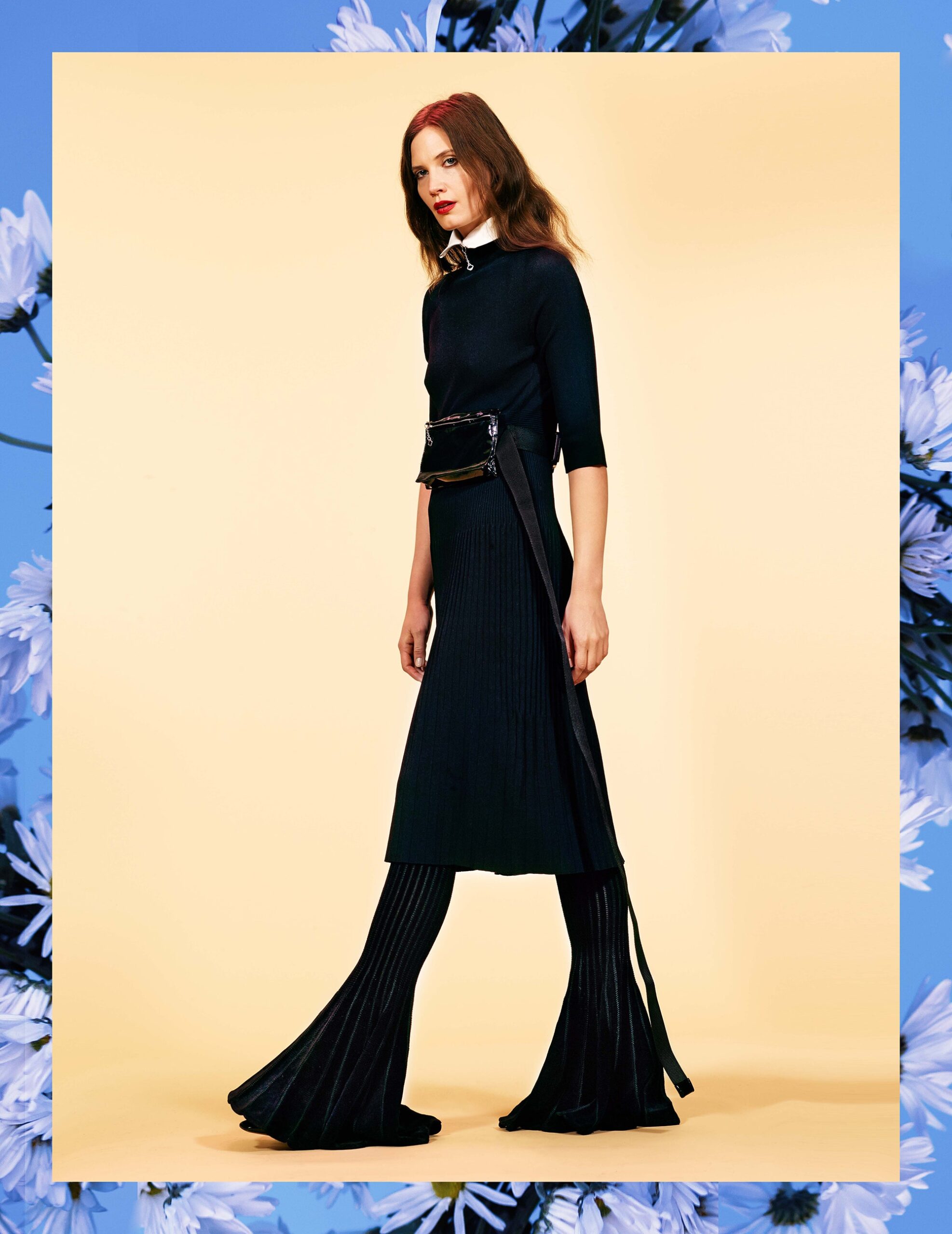 black fitted midi dress with flared pants