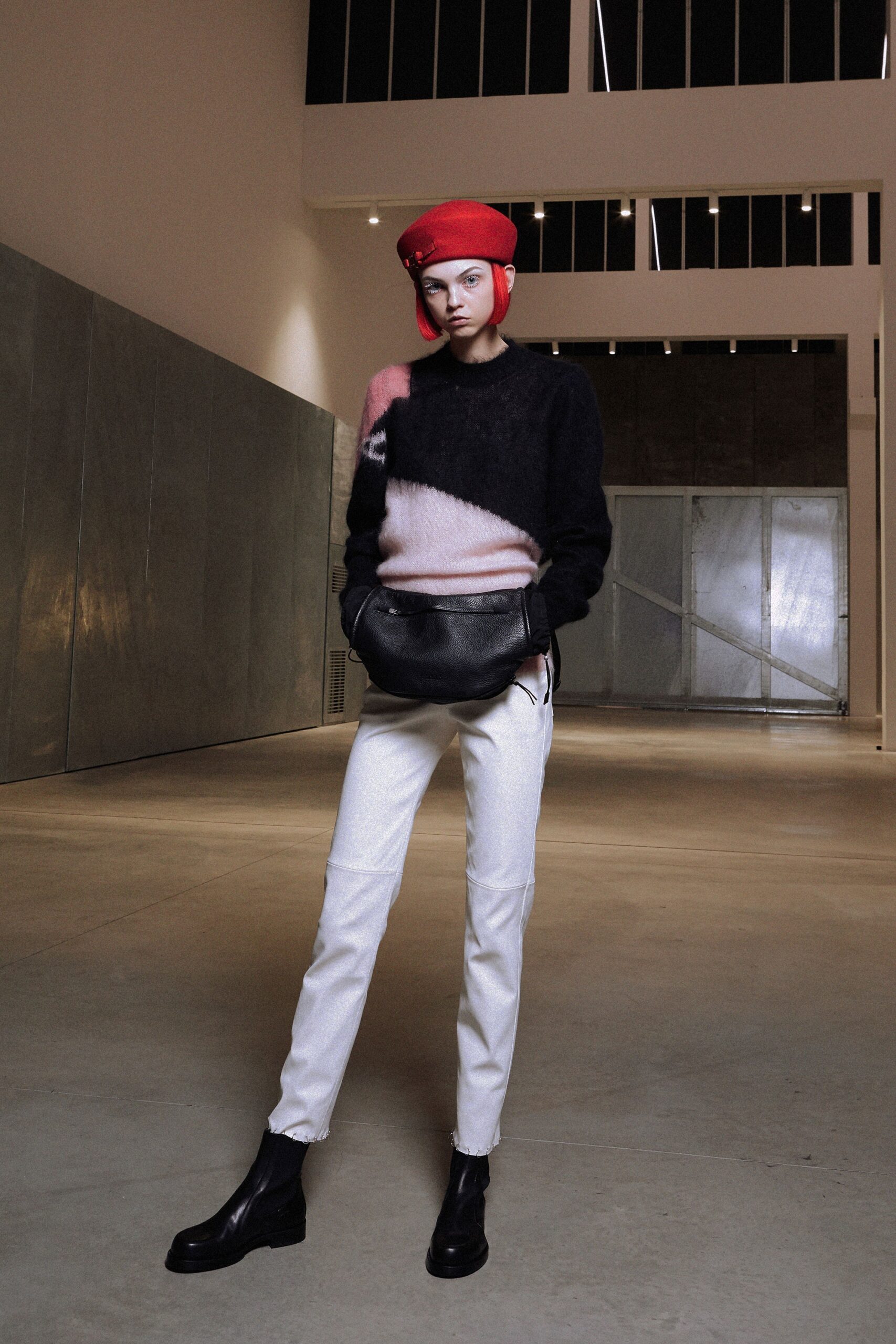 color-blocked wool sweater with slim pants