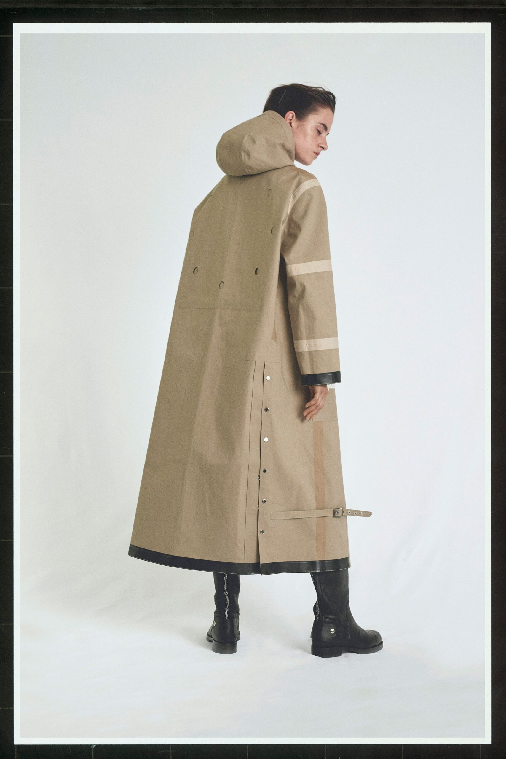 beige vinyl long-sleeve hooded relaxed zippered buttoned coat