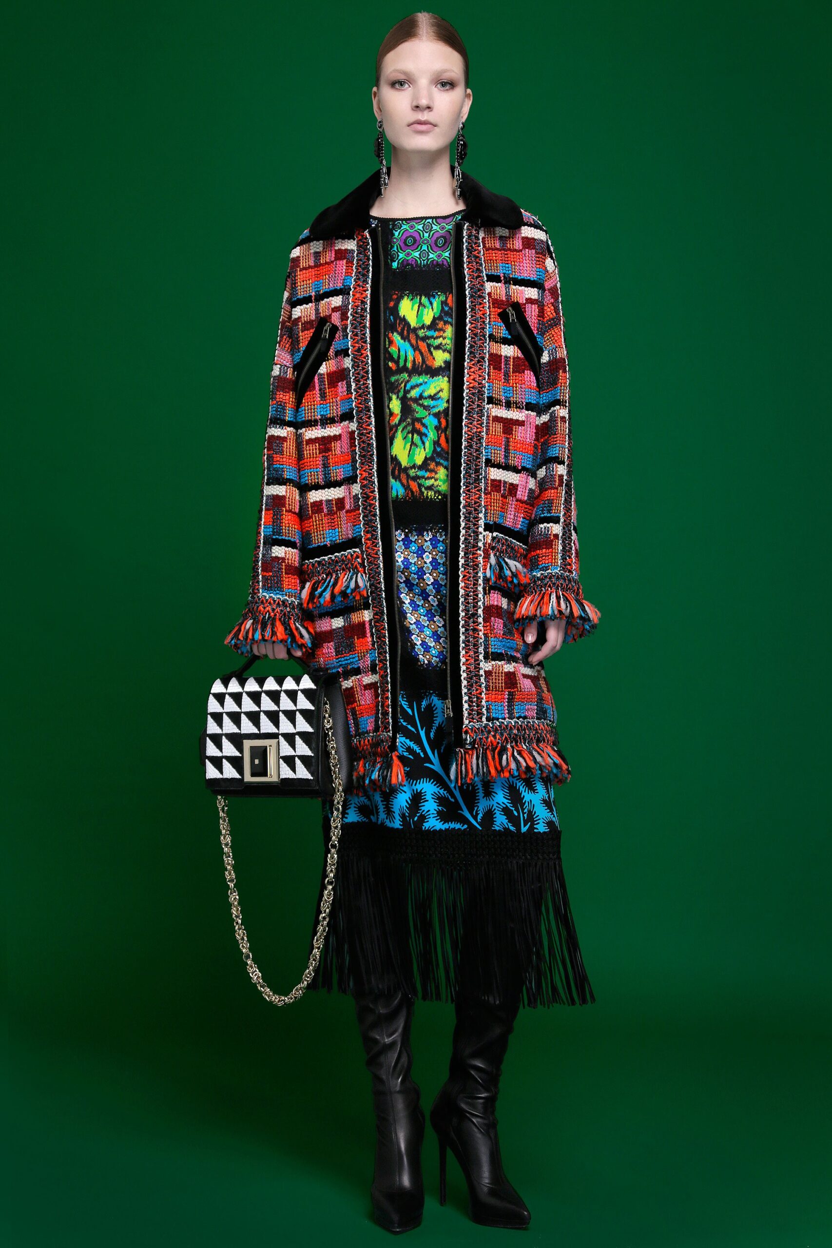 multi wool long-sleeve collared relaxed fringed layered coat