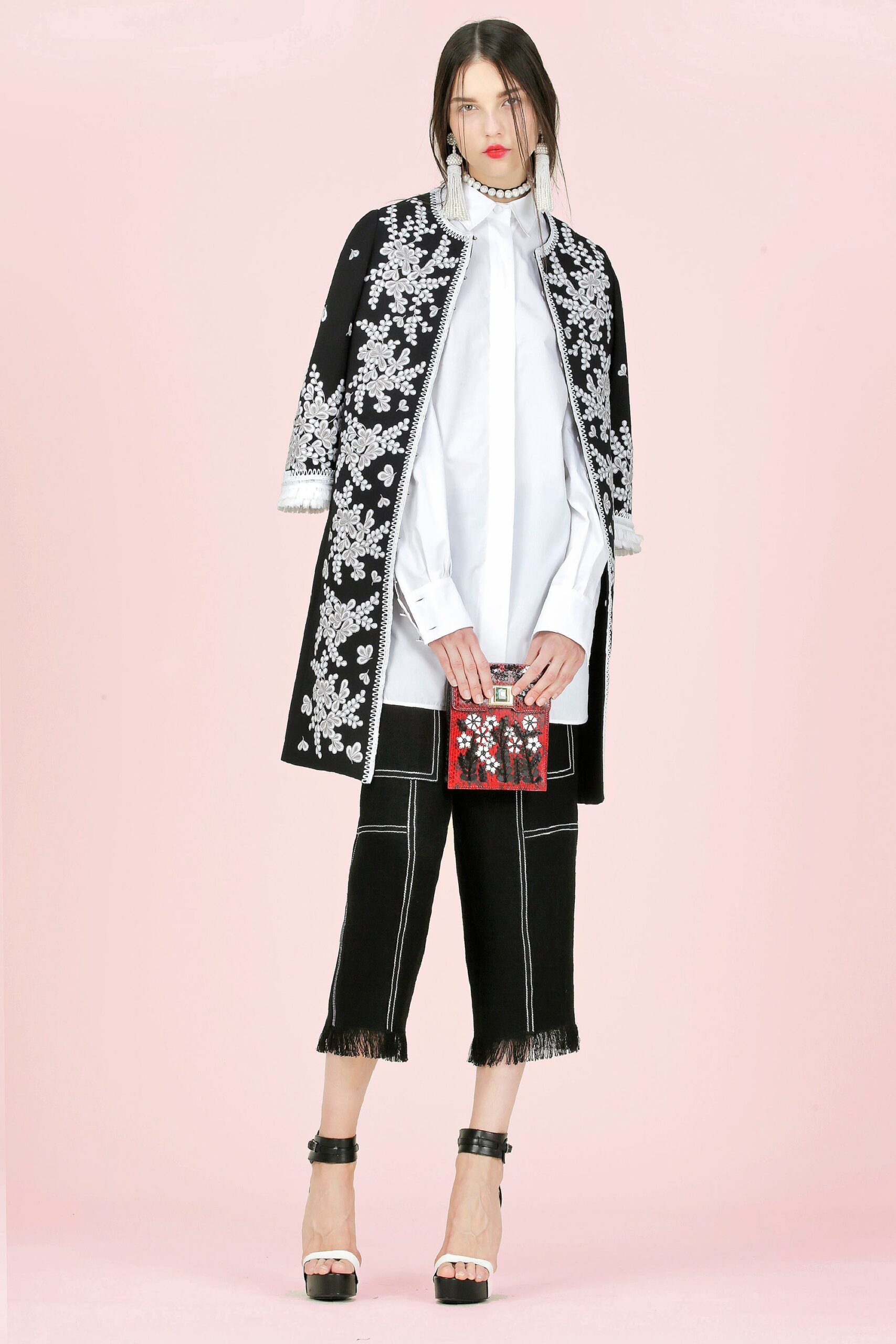 black and white embroidered coat
