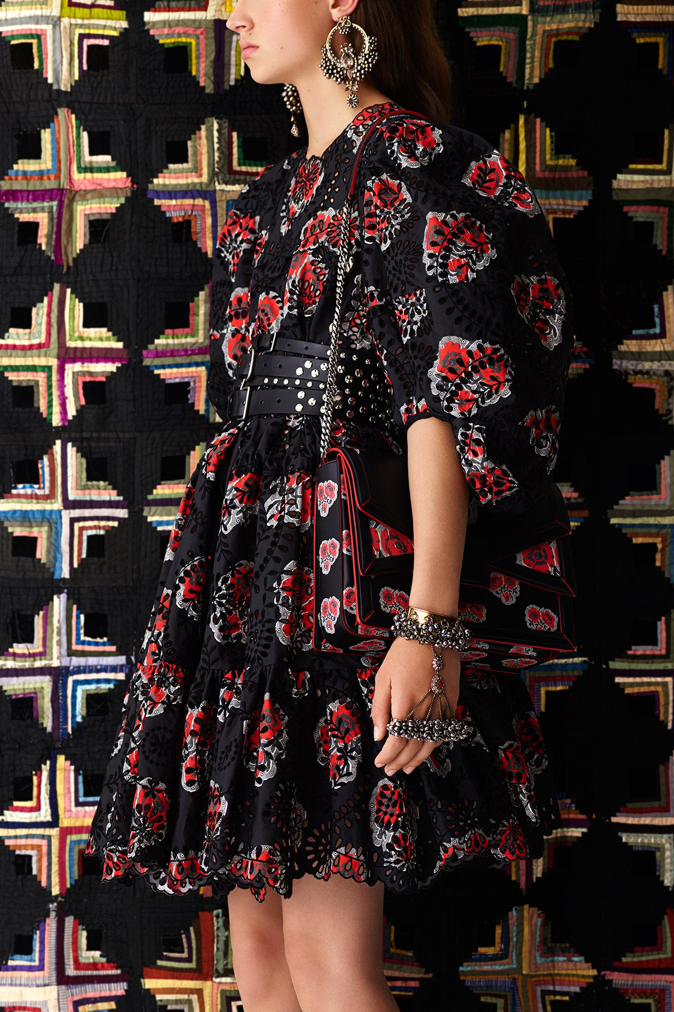 black and red embroidered mini dress