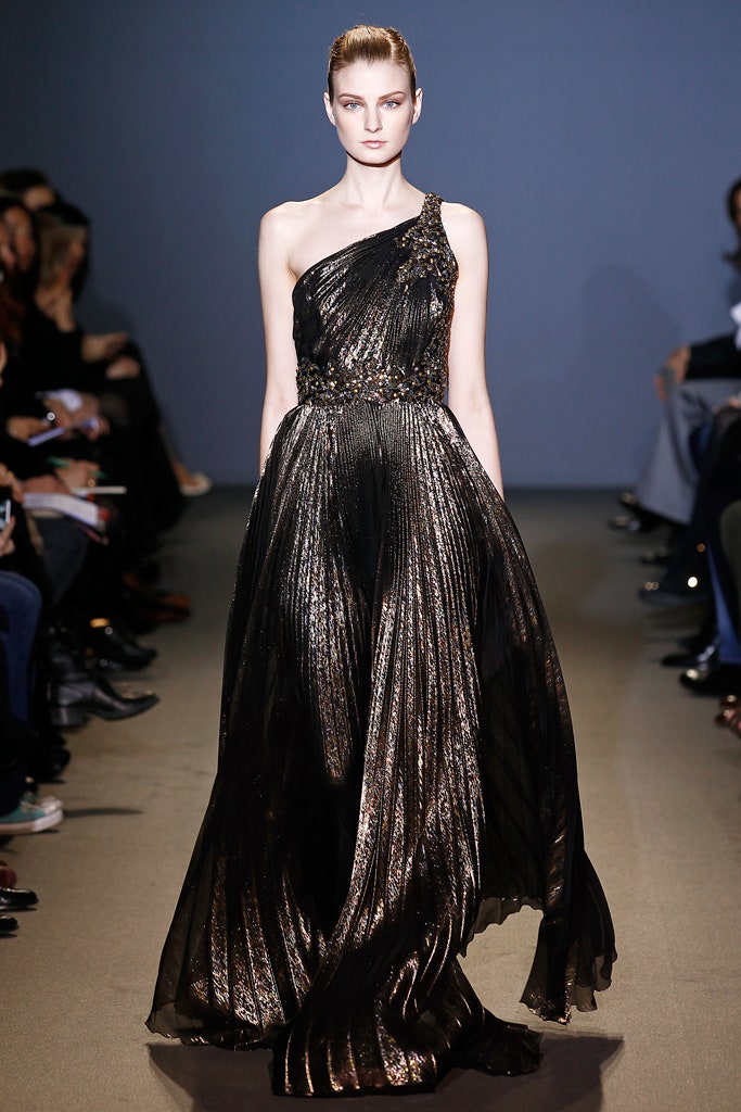 black and gold pleated gown