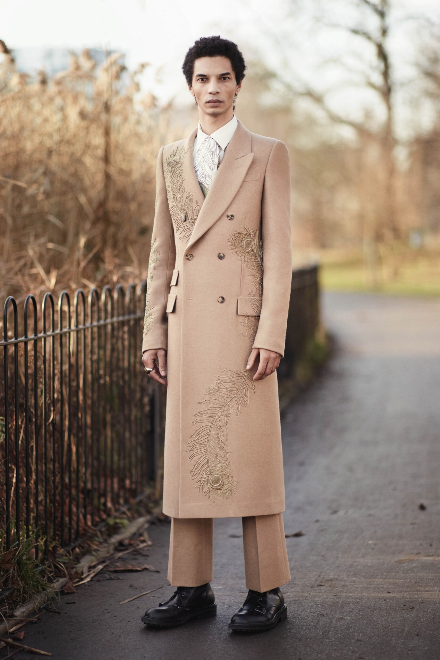 beige wool long-sleeve collared tailored embroidered coat